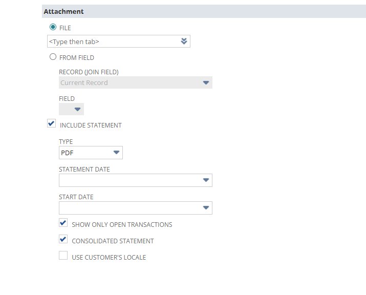 NetSuite Send Email attachment section — Include Statement checked, PDF type, Show Only Open Transactions checked, Consolidated Statement checked